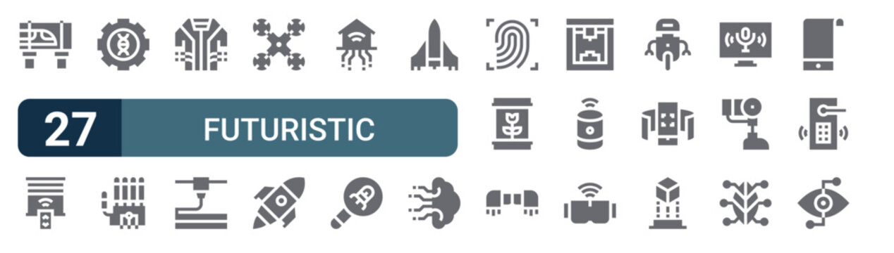 Set of 27 filled Futuristic Technology icons including skytrain, blinds, gene therapy, robotic hand, smart clothing. Solid vector glyph illustration