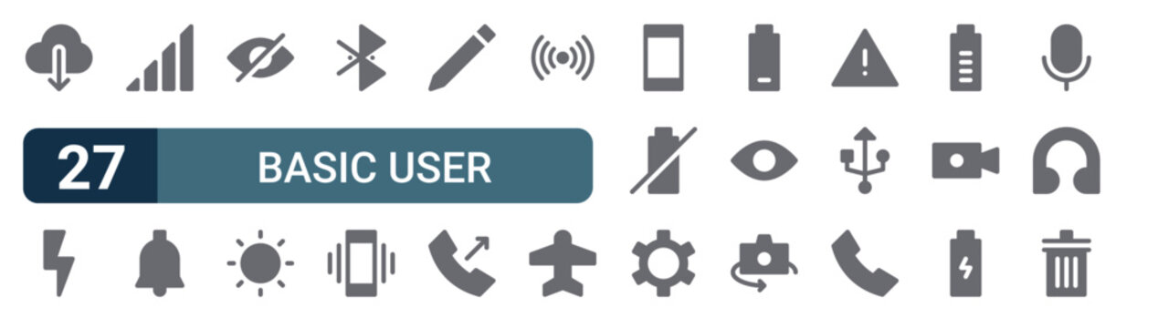 Set of 27 filled Basic User Interface icons including cloud download, power, signal. signal for website design and mobile, app development, print. signal from basic user interface collection
