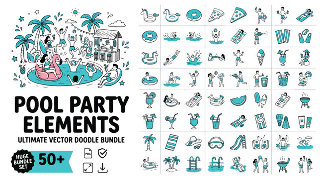Set of 50 Pool Party Doodle Elements Vector isolated PNG with Transparent Background