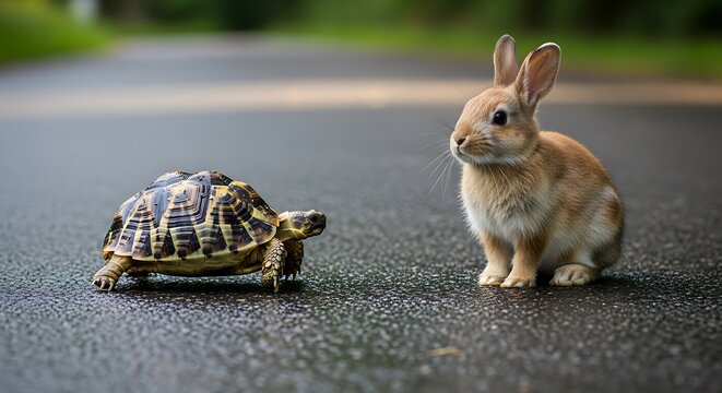 Small brown rabbit and a patterned tortoise facing each other on a grey asphalt road representing the classic fable of speed versus slow patience