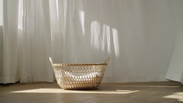 Woven basket on sunlit wooden floor