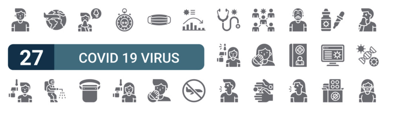 Set of 27 filled Covid 19 Virus Pandemic icons including man, fever, travel, disinfectant, snot. Solid vector glyph illustration