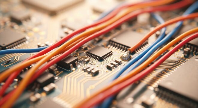Electronic circuit board with microchips and wires featuring colorful electrical cables connected to integrated circuits for advanced technology and hardware engineering