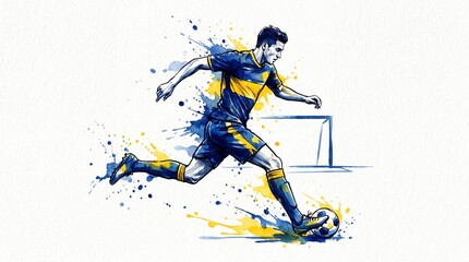 Naklejka premium A dynamic watercolor illustration of a soccer player in a blue and yellow kit dribbling a ball, featuring expressive paint splashes and artistic motion.