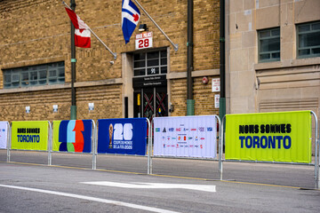 Naklejka premium FIFA World Cup 2026 event barriers on city street. Toronto, Canada - June 9, 2026.