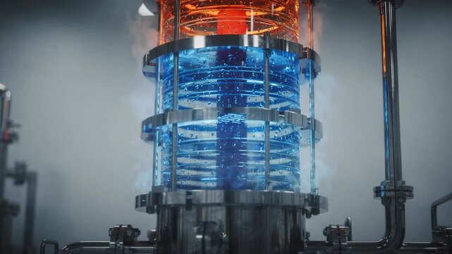 Focused medium shot of a heated distillation column segment with visible heating elements and transparent sight glasses revealing temperature gradients.