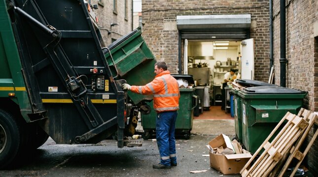 Sanitation worker loading a green waste bin into a garbage truck in a narrow alleyway behind a commercial kitchen during a morning collection shift