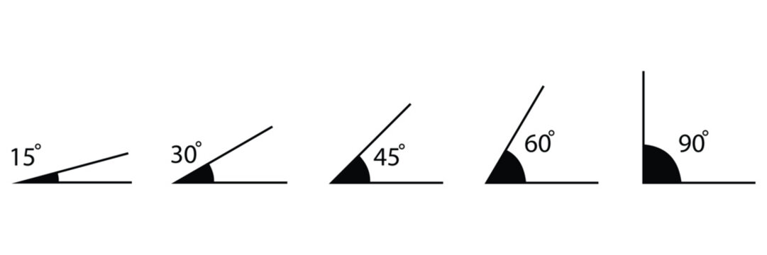 Angle Measurement Icon Set Vector, 15 30 45 60 90 Degree Rotation Symbols for Geometry,
 Design and Technical Illustration
