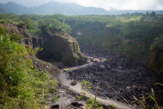 Sand and stone mining activities on Mount Merapi, Yogyakarta, Indonesia