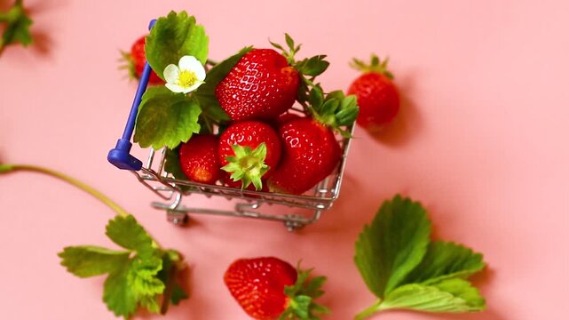 fresh strawberries with green leaves on soft pink background