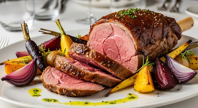 Roasted lamb leg sliced and served with colorful glazed carrots and red onions on a ceramic plate. pierna cordero