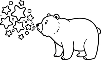 Obraz premium Cute Bear Blowing Stars Black and White Illustration