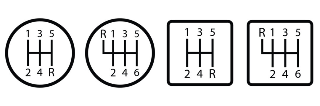 Manual Transmission Gearbox Icon Set Vector, Car Gear Shift and Automotive Gearbox Symbols for 
Vehicle Repair and Engineering Design