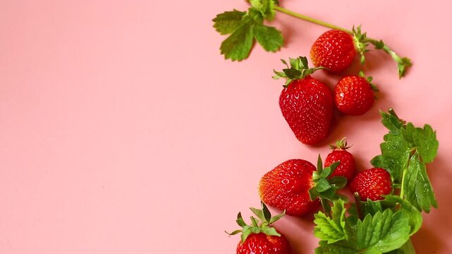 organic strawberries and foliage with copy space on pink background