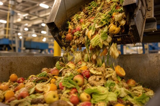 Food waste falling from a metal chute into a large industrial container for organic recycling and composting processes within a modern waste management facility