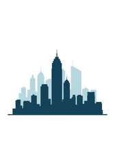 Fototapeta premium Silhouette of a modern city skyline featuring layered skyscrapers and high-rise buildings in shades of blue and teal, isolated on a white background for urban architectural use.