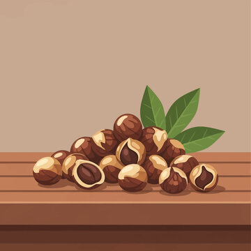 Vector illustration of dried soapnuts and green leaves on a wooden table. The Sapindus mukorossi berries are shown in a heap with both whole and split shells revealing dark seeds.