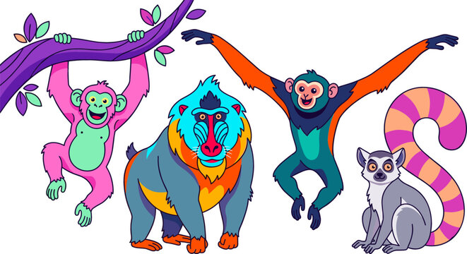 Colorful Cartoon Monkeys and Primates Vector Set Featuring Pink Chimpanzee, Vibrant Mandrill Baboon, Brachiation Gibbon, and Ring Tailed Lemur Animal Graphic Designs