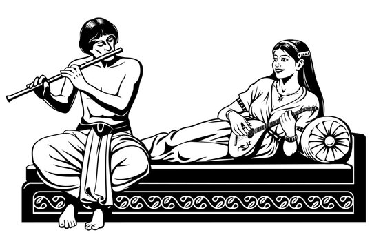 Ancient Musicians Duet. Man and Woman on a Couch Playing Flute and Lute. Both figures and couch are separate objects. Vector cliparts isolated on white.