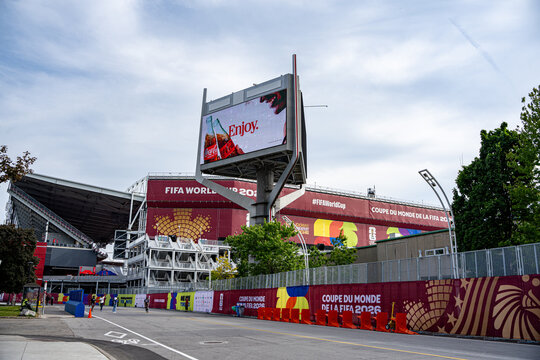 View of BMO Field Toronto Stadium decorated for FIFA World Cup 2026. Toronto, Canada - June 9, 2026.