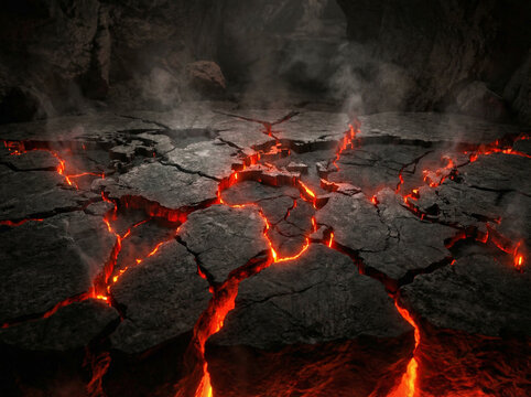 Cracked volcanic ground with glowing lava fissures and steam, revealing world map. For concepts of fear, global tension, international conflict, uncertainty and instability