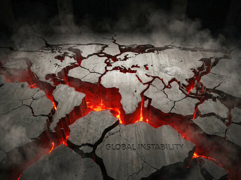 Cracked earth with glowing lava beneath, world map visible, text "GLOBAL INSTABILITY" engraved. For concepts of fear, global tension, international conflict, uncertainty and instability