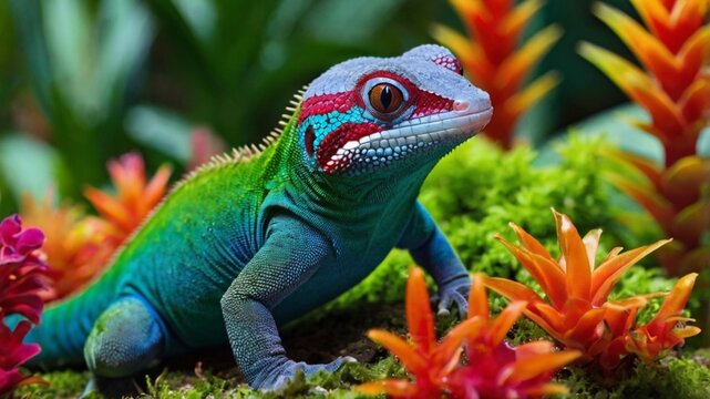  Peacock day gecko hidden among colorful bromeliad plants, ai