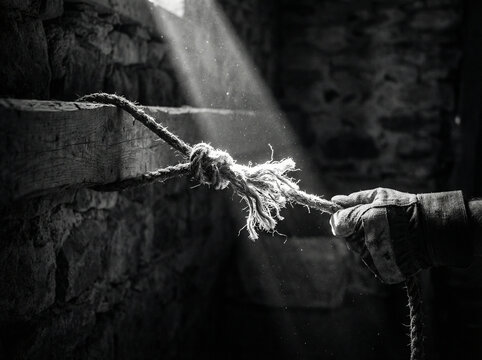 Hand holding frayed rope in a dimly lit stone room, with sunlight streaming through a window, suspense and thriller storytelling, dramatic and moody photography, survival and adventure concepts
