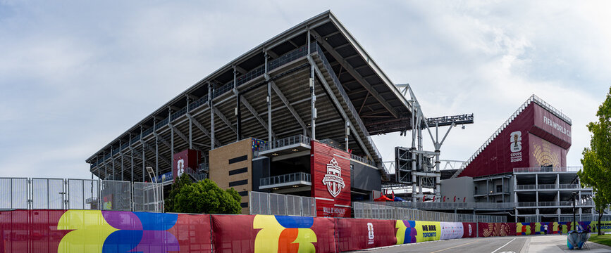 View of BMO Field Toronto Stadium decorated for FIFA World Cup 2026. Toronto, Canada - June 9, 2026.