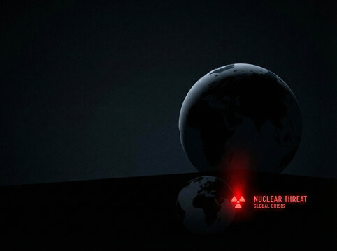 Earth globe silhouette with nuclear threat symbol and text highlighting global crisis in dark background. For concepts of fear, nuclear threat awareness, rising global tension, international conflict