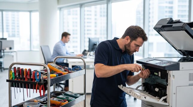Professional technician repairing a large office printer using a screwdriver while standing next to a tool cart in a modern corporate workspace environment with a colleague
