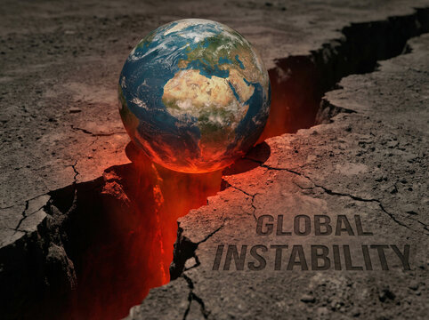 Earth globe positioned on cracked ground with glowing lava, symbolizing global instability and environmental concerns. For concepts of fear, global tension, uncertainty and instability