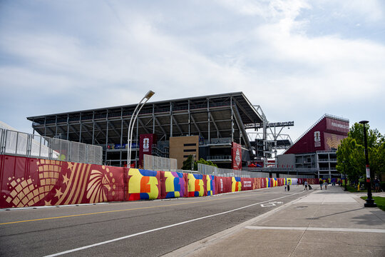 View of BMO Field Toronto Stadium decorated for FIFA World Cup 2026. Toronto, Canada - June 9, 2026.