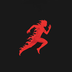 Obraz premium Red silhouette of a muscular male athlete sprinting with stylized flames trailing from his back and hair, isolated on a dark charcoal background, graphic vector illustration.