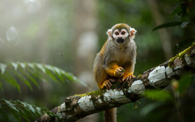 Naklejka premium Wild lemur sitting on tree branch in misty tropical rainforest with soft natural light