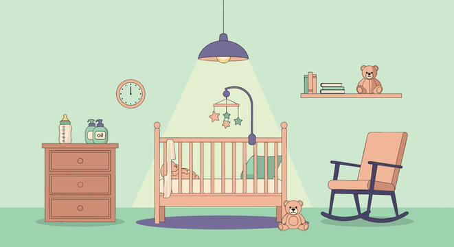 Charming nursery room interior featuring a crib a rocking chair a dresser and various toys in a soft green color palette.
