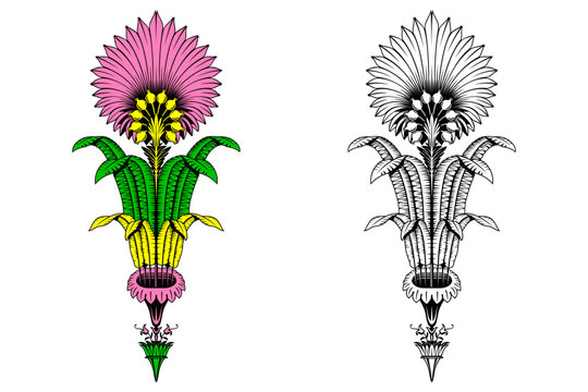 Floral Ornate Design. Color and outline versions. Vector cliparts isolated on white.
