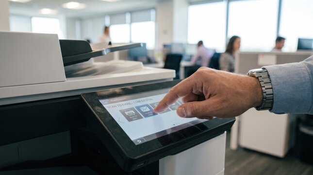 Hand using a printer touchscreen control panel to scan a confidential document to email while operating a multifunctional office photocopier for business administration tasks