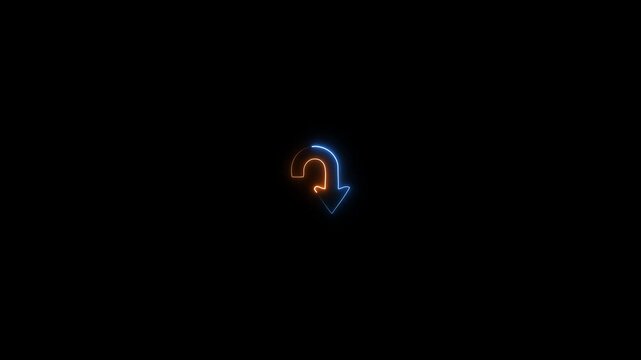 Neon U Turn Right Sign Icon Animation, Glowing U-turn direction arrow animation on black background