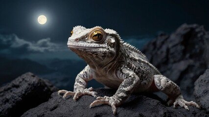 Fototapeta premium Rare gargoyle gecko perched on volcanic rock under moonlight, ai