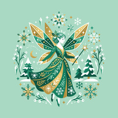 A magical winter fairy stands in a snowy forest scene © Ivie