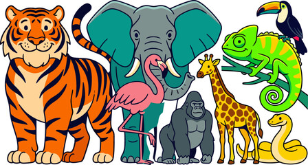 Obraz premium Wild Zoo Animals Cartoon Vector Set with Tiger, Elephant, Giraffe, Flamingo, Chameleon, Toucan, Gorilla, and Snake for Children Educational Graphic Designs