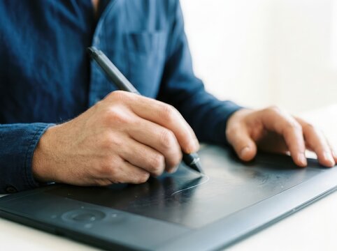 Digital artist using graphics tablet for illustration and design work