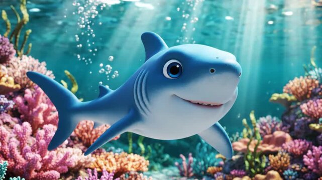Adorable 3D cartoon baby shark swimming in a vibrant coral reef. Cinematic underwater adventure with colorful marine life and bubbles. Cute sea animal animation for kids and children's entertainment.