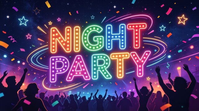Night party neon light text banner with crowd silhouettes dancing and colorful confetti falling under starry sky background 3d