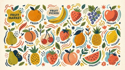 Obraz premium Vibrant art of healthy market fruits: strawberries, oranges, bananas