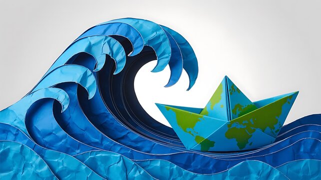 A paper boat with the world map on it navigates a large blue wave in this illustration