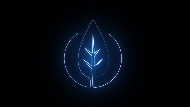 Green leaf logo 4K animation video with glowing blue neon line art background loop