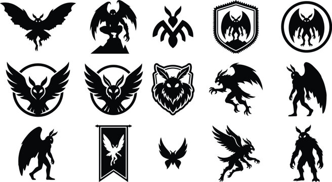 Set of mothman creature silhouettes isolated on a white background for mystical design or horror projects.