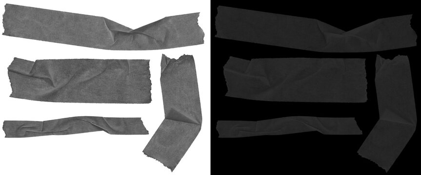 Black gaffer tape strips collection, wrinkled adhesive masking tape set on white and black backgrounds, industrial duct tape pieces for design mockups